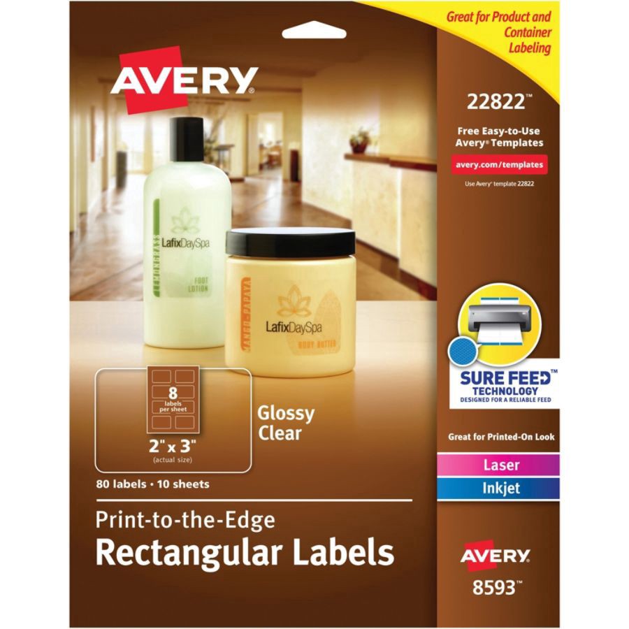slide 10 of 10, Avery Easy Peel Trueblock Print-To-The-Edge Inkjet/Laser Labels, Rectangular, 22822, Glossy Clear, 80 ct; 2 in x 3 in