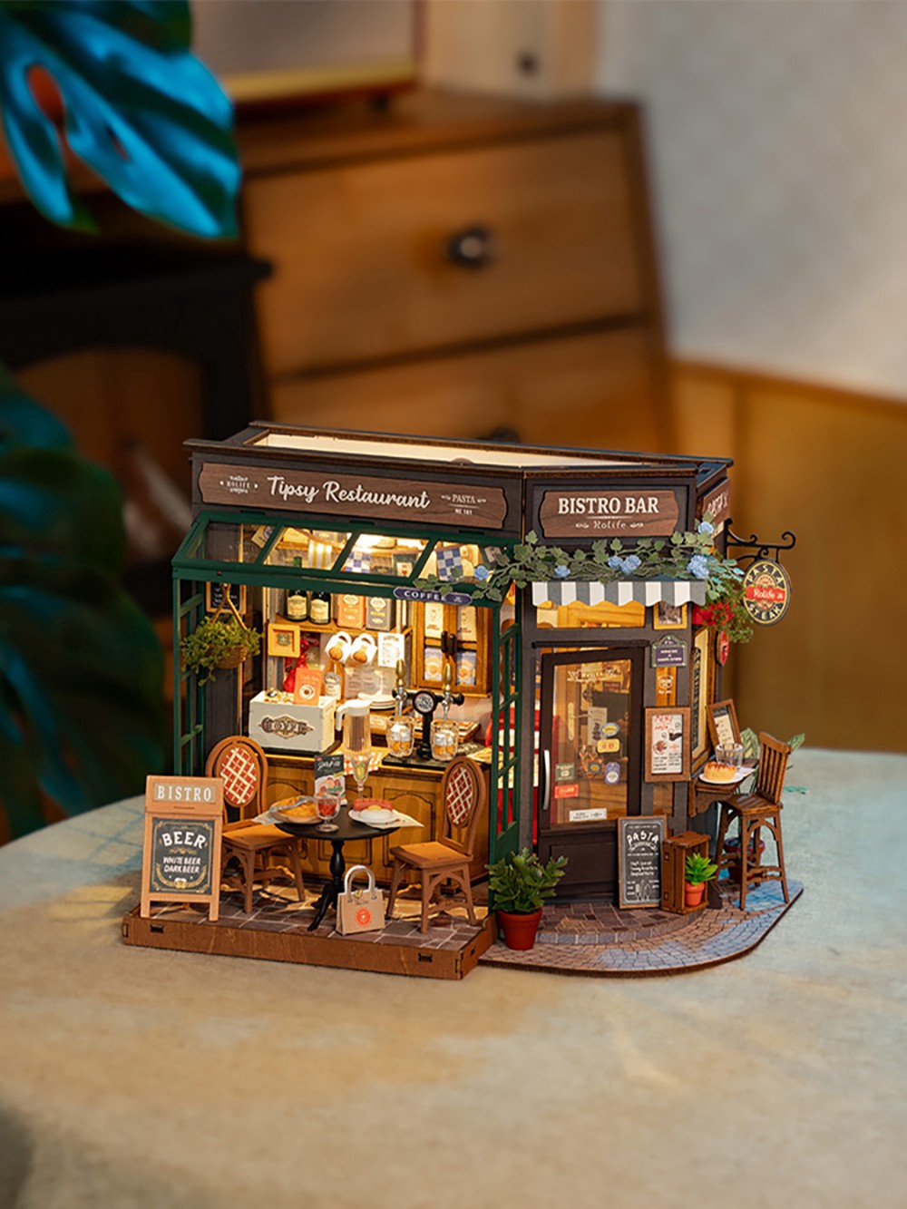 slide 7 of 8, Robotime Rolife Tipsy Restaurant Diy Miniature House Kit, 9 in x 3 in x 7 in