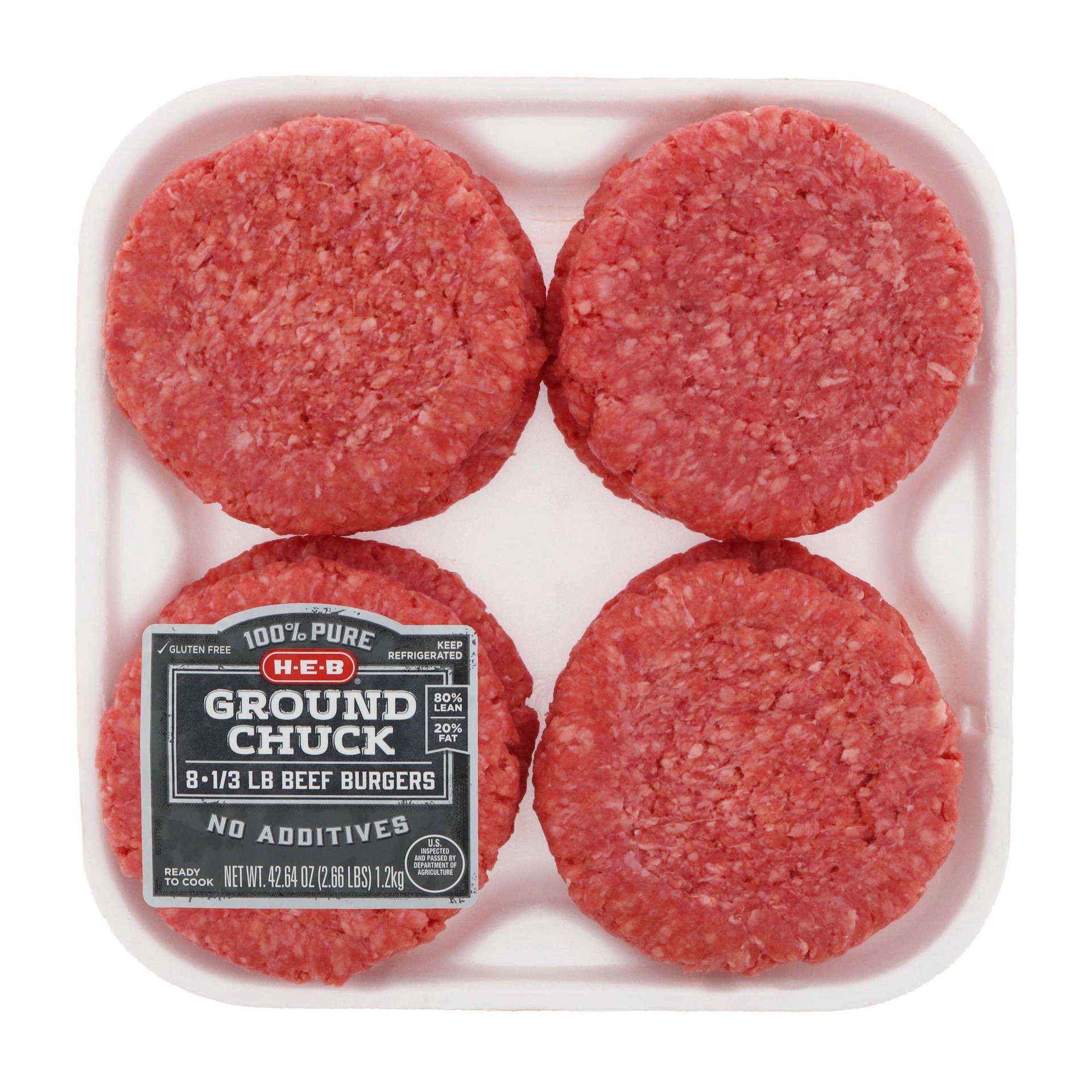 slide 1 of 1, H-E-B Ground Beef Chuck 1/3 lb Burger Patties, 80% Lean - Value Pack, 8 ct