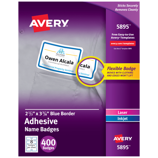 slide 1 of 8, Avery Flexible Name Badge Labels, White with Blue Border, 400 ct