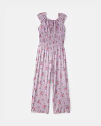 Oshkosh Girls Floral Smocked Jumpsuit - Purple, Size 6-6X