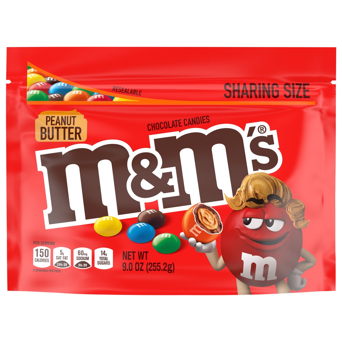 slide 1 of 6, M&M'S Peanut Butter Milk Chocolate Candy, Sharing Size, 9 oz Resealable Bag, 9 oz
