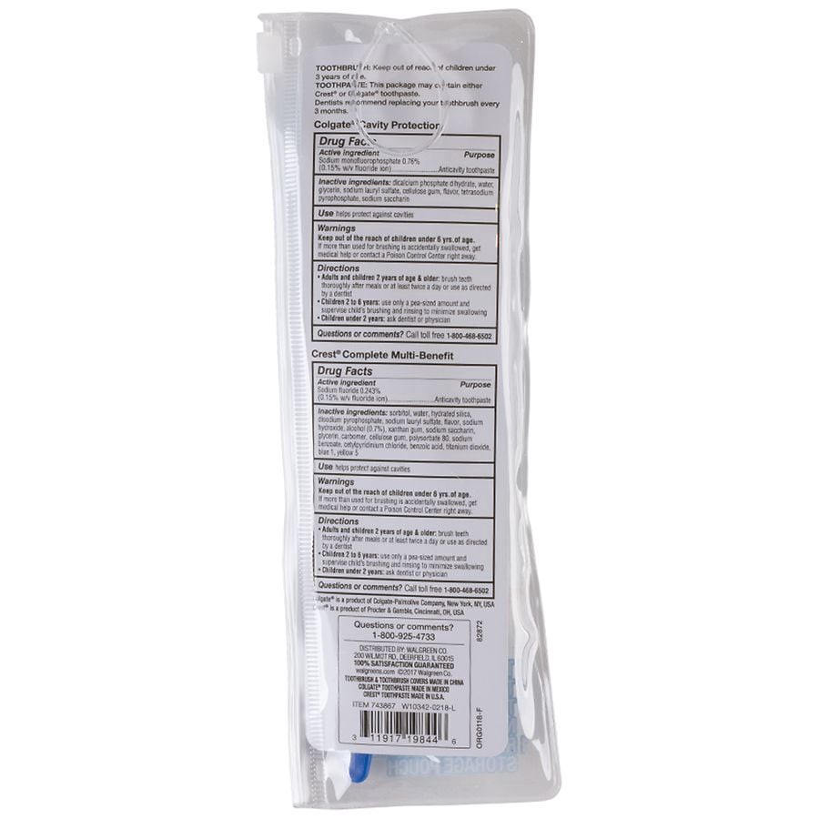 slide 2 of 2, Walgreens Travel Kit with Toothbrush, Cover, Toothpaste, and Reusable Storage Pouch, 1 ct