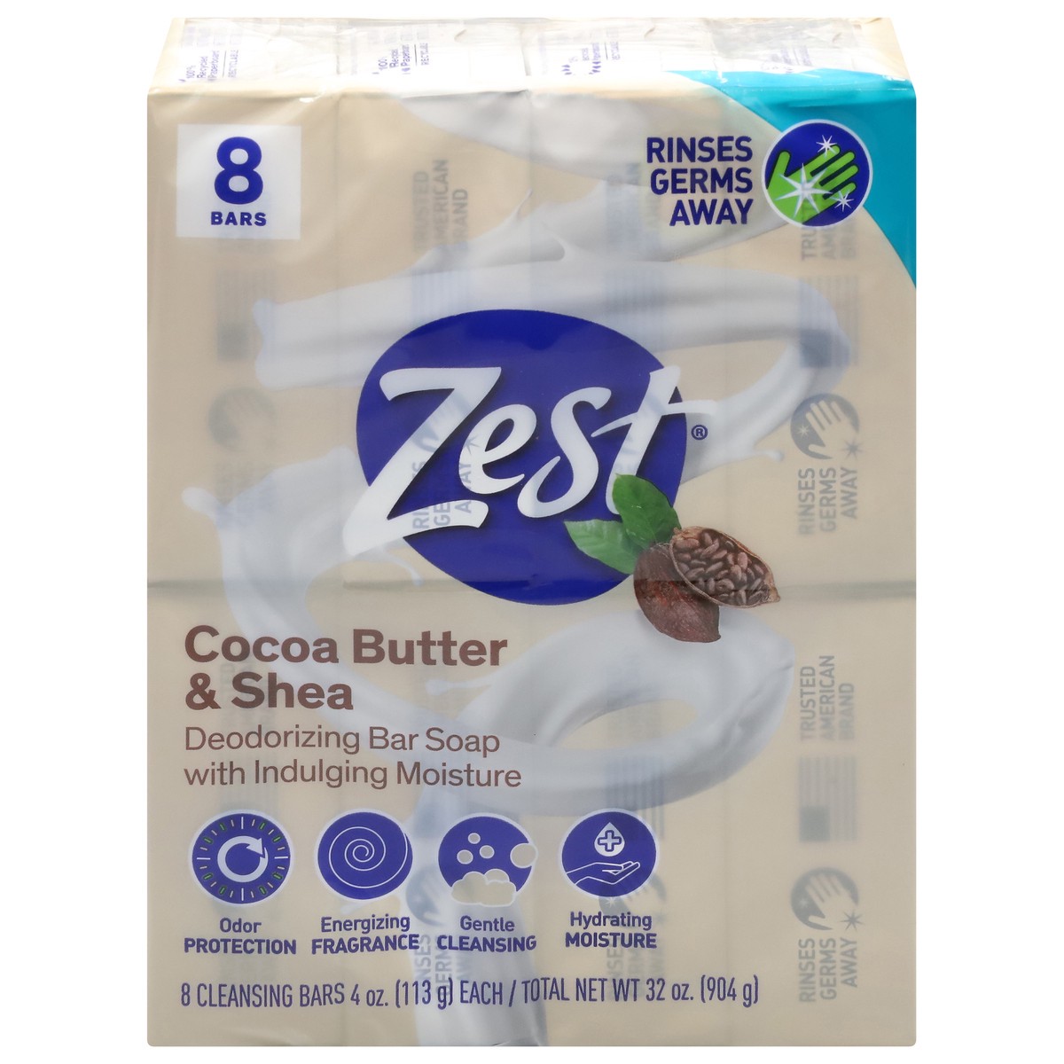 slide 1 of 13, Zest Cocoa Butter & Shea Deodorizing Bar Soap with Indulging Moisture 8 - 4 oz Bars, 8 ct