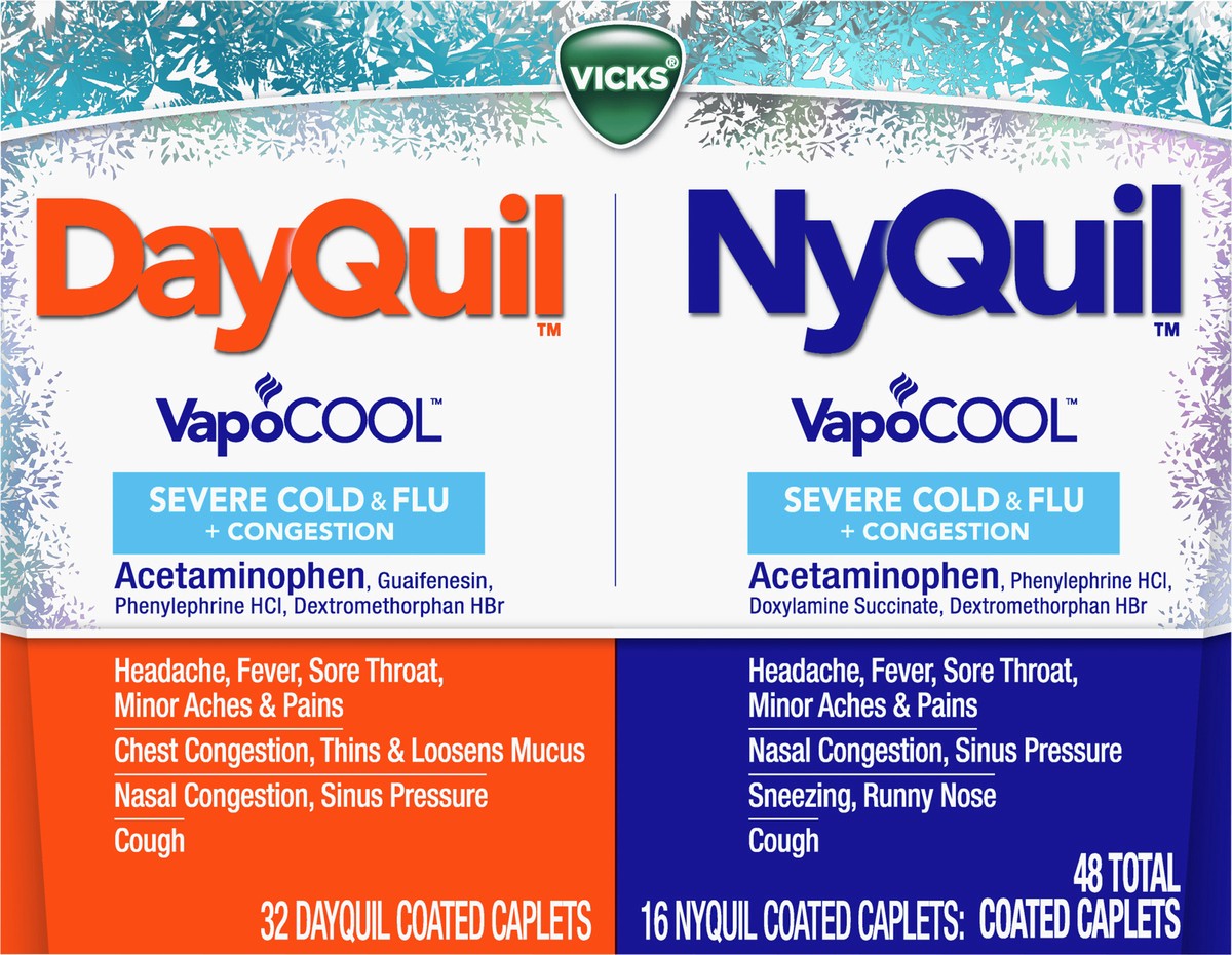 slide 2 of 2, Vicks DayQuil and NyQuil VapoCOOL SEVERE Combo Cold & Flu + Congestion Medicine, Max Strength Relief for Headache, Fever, Sore Throat, Minor Aches and Pains, Nasal Congestion, Sinus Pressure, Stuffy Nose, and Cough, 48 Count - 32 DayQuil, 16 NyQuil, 48 ct
