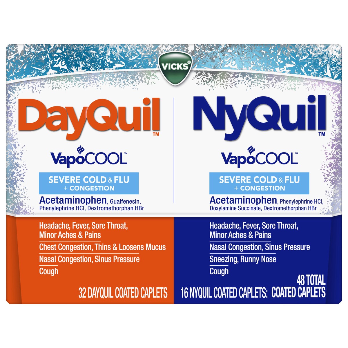 slide 1 of 2, Vicks DayQuil & NyQuil VapoCOOL SEVERE Cold & Flu + Congestion Over-the-Counter Medicine Co-Pack, Powerful Relief for Headache, Fever, Sore Throat, Minor Aches and Pains, Nasal Congestion, Sinus Pressure, Stuffy Nose, and Cough, 48ct, 48 ct