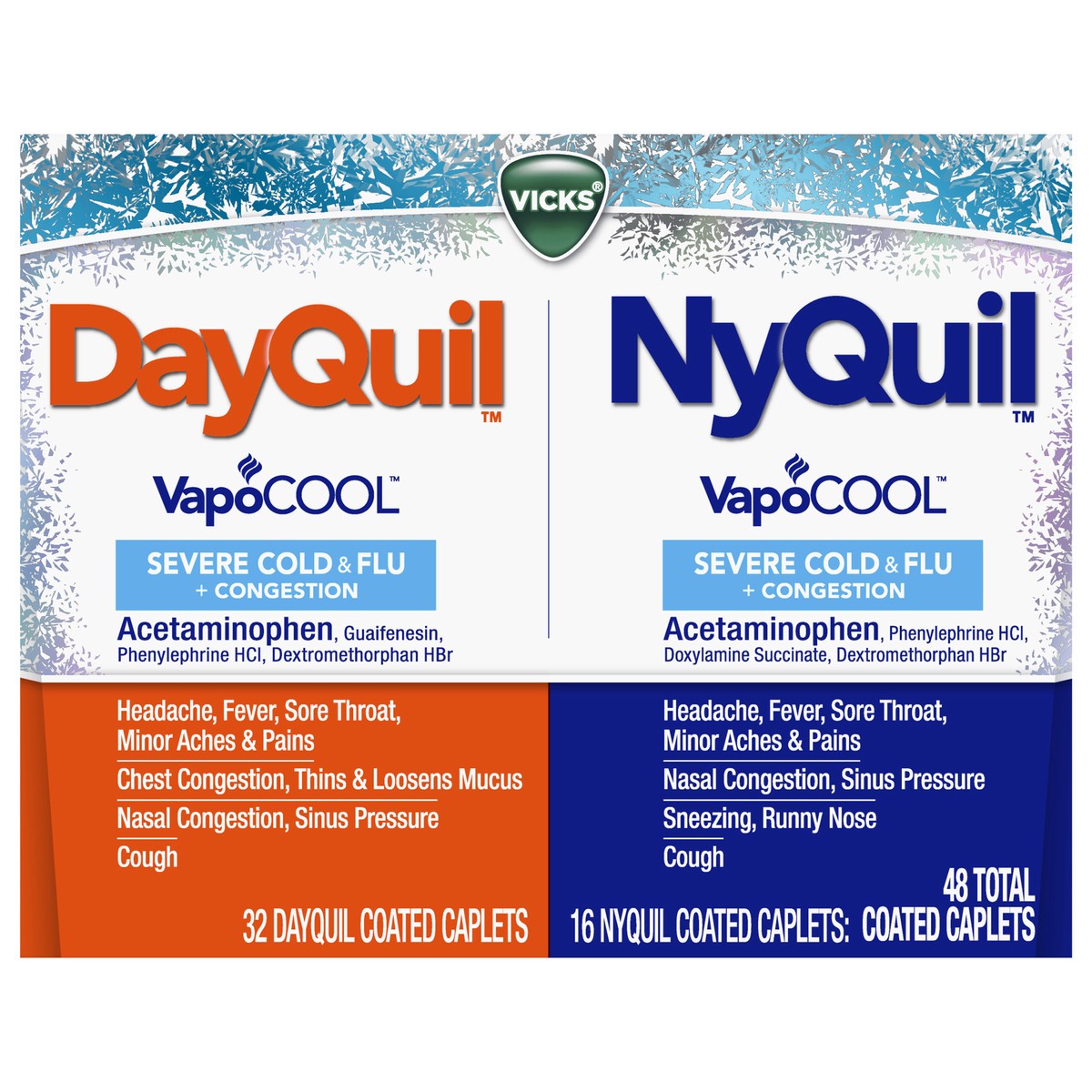 slide 1 of 2, Vicks DayQuil and NyQuil VapoCOOL SEVERE Combo Cold & Flu + Congestion Medicine, Max Strength Relief for Headache, Fever, Sore Throat, Minor Aches and Pains, Nasal Congestion, Sinus Pressure, Stuffy Nose, and Cough, 48 Count - 32 DayQuil, 16 NyQuil, 48 ct