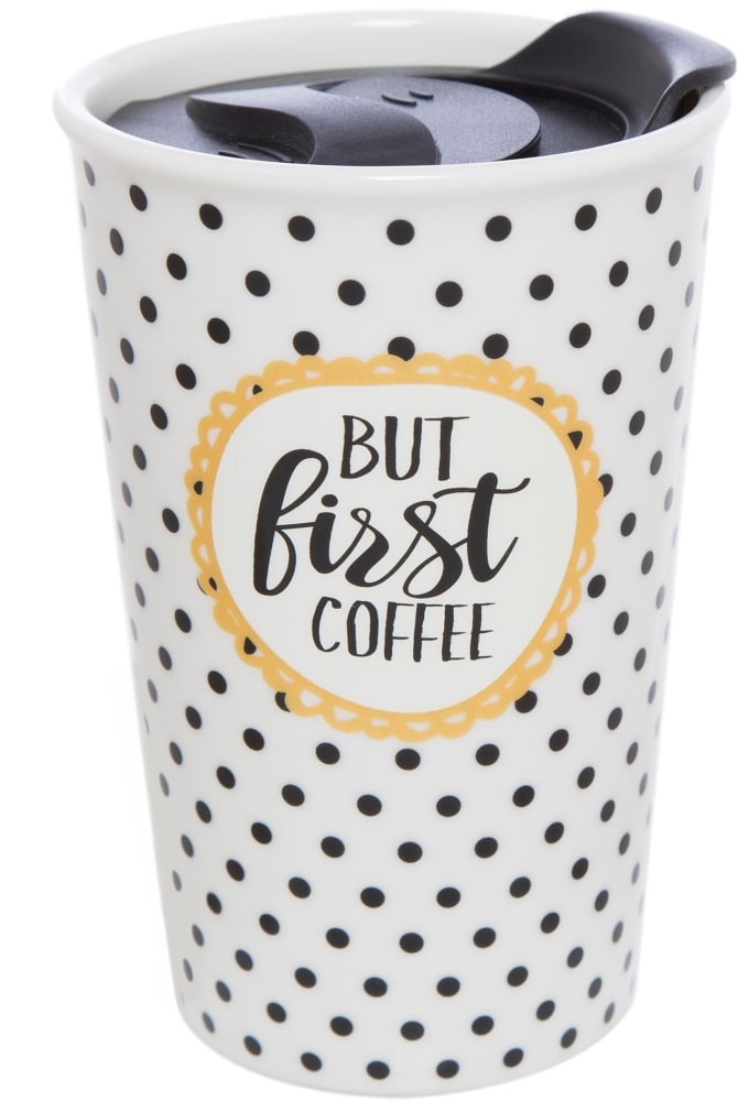 slide 1 of 1, Formation Brands But First Coffee Travel Mug - White/Black/Yellow, 9 oz