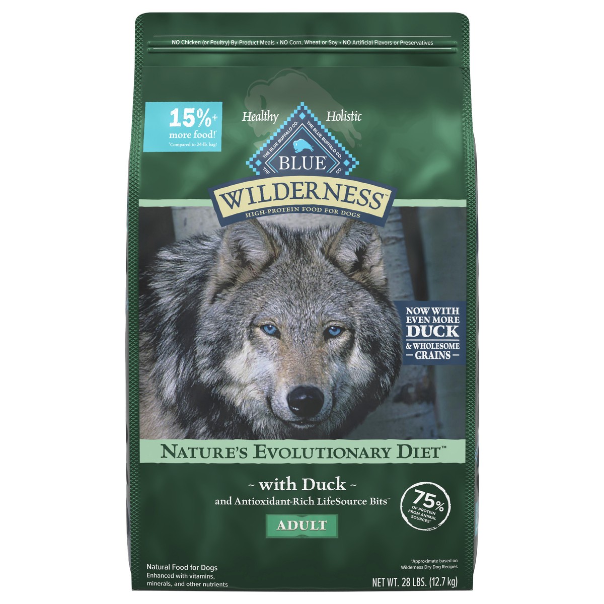 slide 1 of 1, Blue Buffalo Wilderness High Protein Natural Adult Dry Dog Food plus Wholesome Grains, Duck 28 lb bag, 28 lb