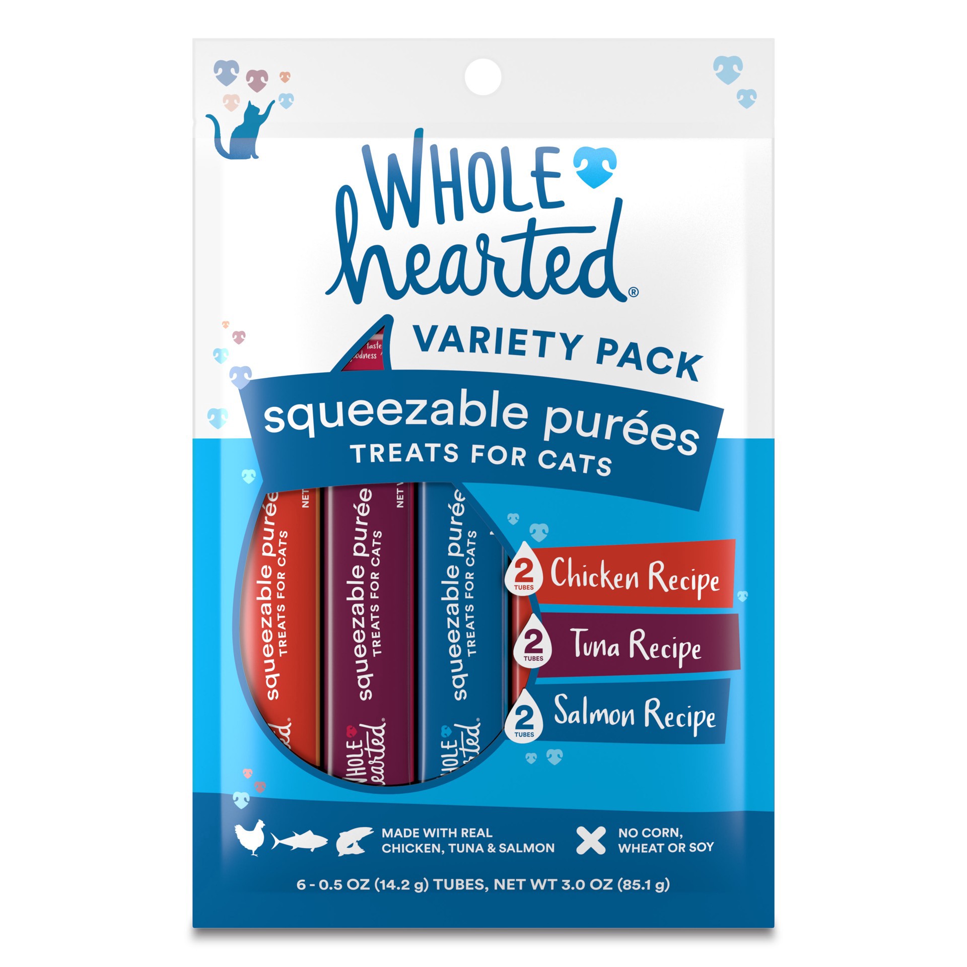 slide 1 of 1, Whole Hearted Squeezable Puree Variety Pack Chicken Recipe/Tuna Recipe/Salmon Recipe Treat for Cats 6 - 0.5 oz Tubes, 6 ct