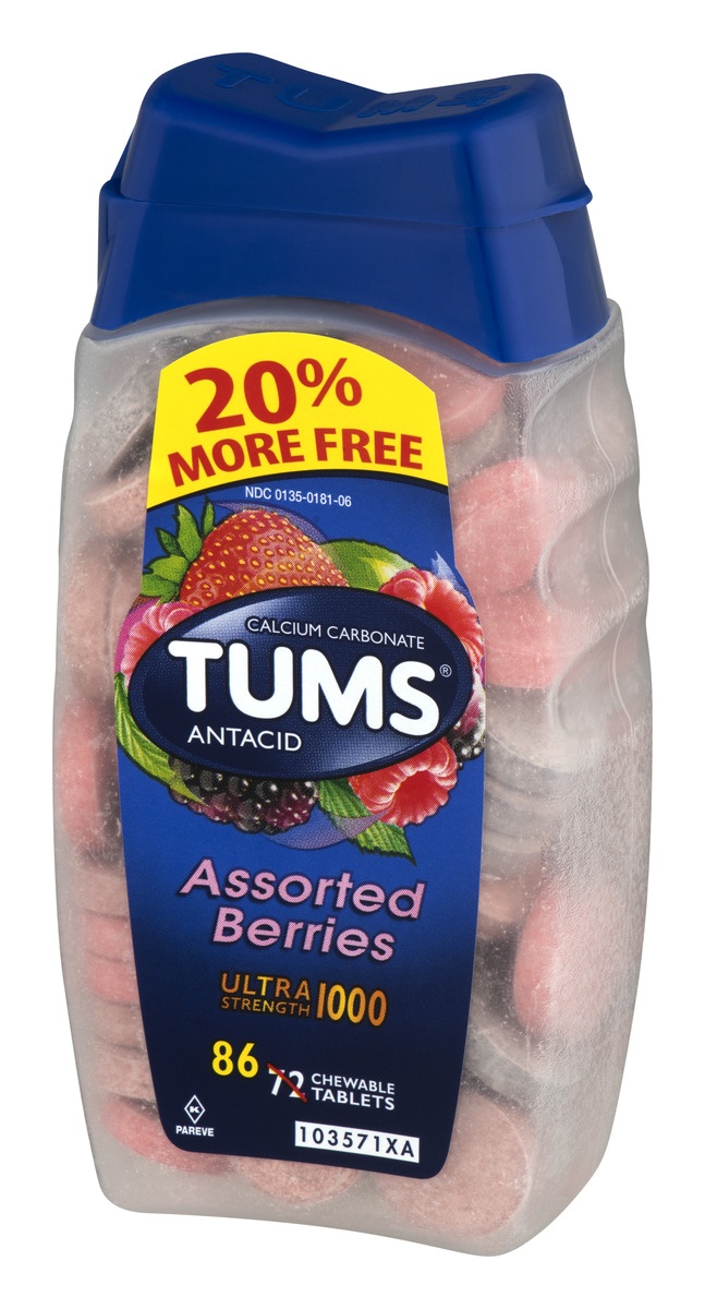 slide 4 of 9, TUMS Ultra Strength Chewable Antacid Tablets for Heartburn Relief, Assorted Berries - 86 Count, 86 ct