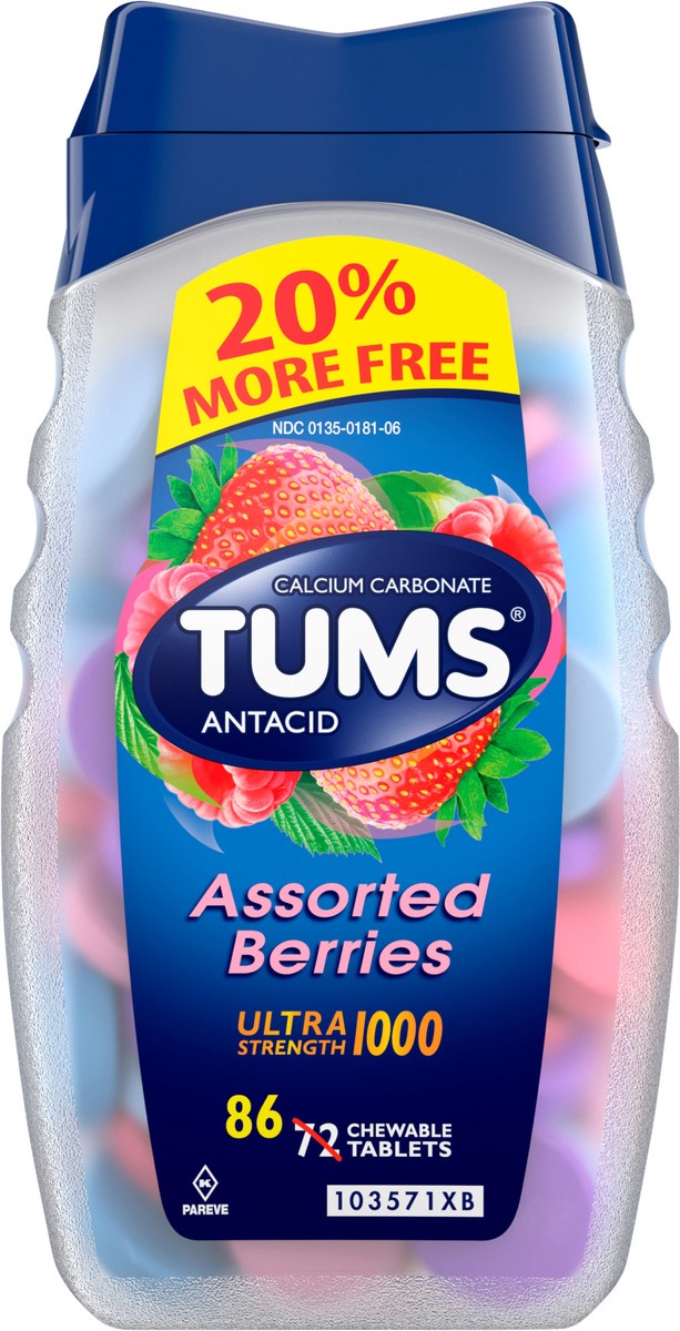 slide 4 of 5, TUMS Ultra Strength Chewable Antacid Tablets for Heartburn Relief, Assorted Berries - 86 Count, 86 ct