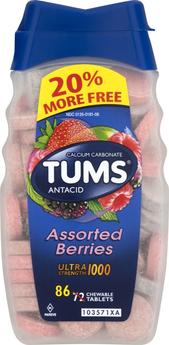 slide 8 of 9, TUMS Ultra Strength Chewable Antacid Tablets for Heartburn Relief, Assorted Berries - 86 Count, 86 ct