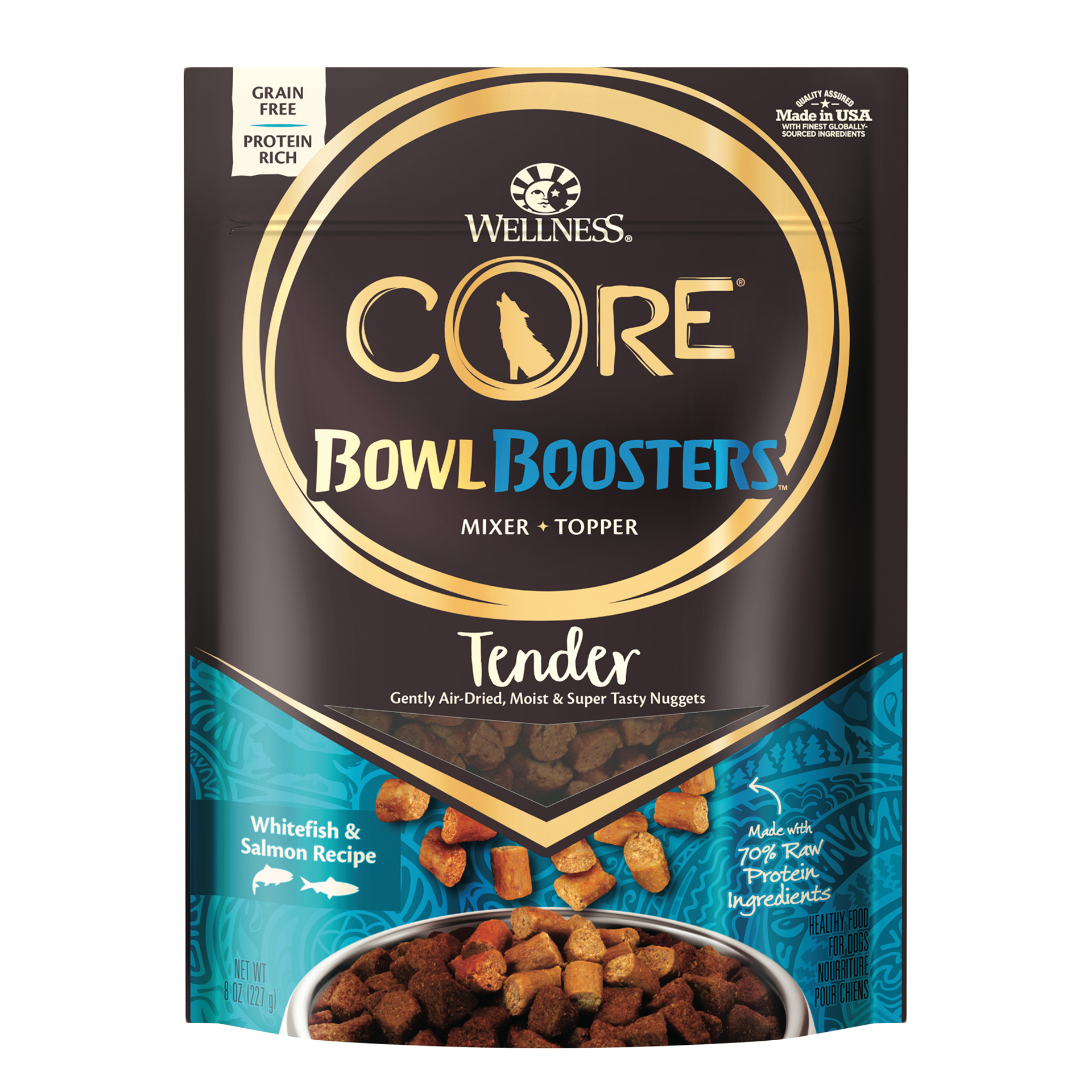 slide 1 of 5, Wellness CORE Natural Bowl Boosters Tender Dog Food Mixer or Topper, Whitefish & Salmon Recipe, 8-Ounce Bag, 8 oz