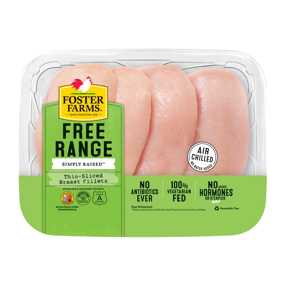 slide 1 of 1, Foster Farms Simply Raised Thin-Sliced Boneless Skinless Chicken Breast Fillets, per lb
