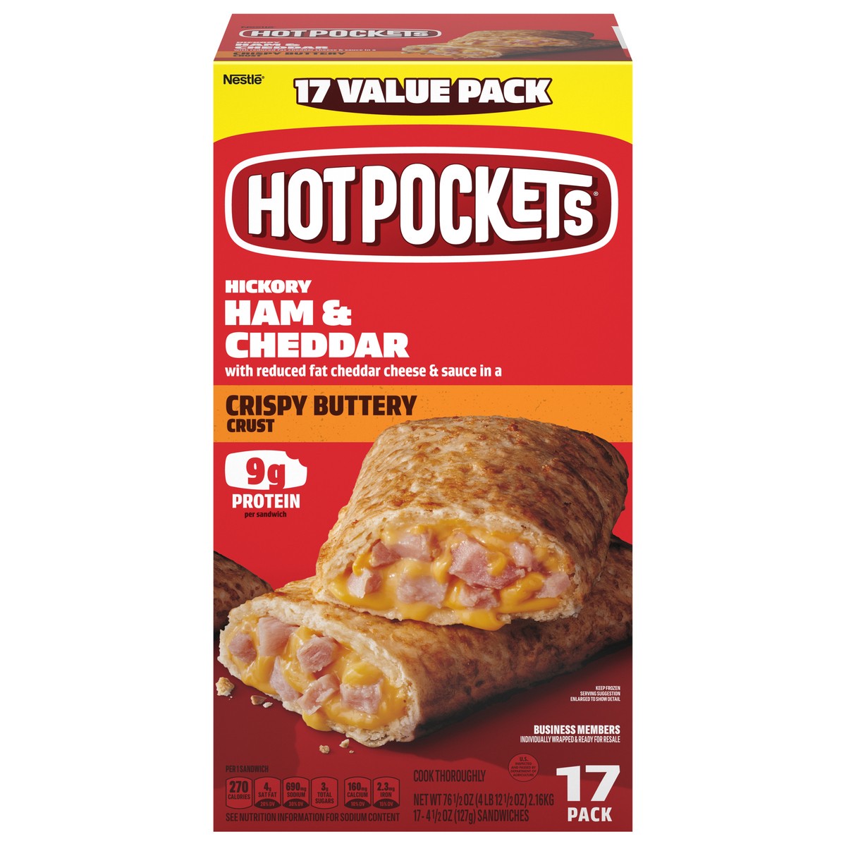 slide 10 of 14, Hot Pockets Hickory Ham and Cheddar Frozen Snacks in a Crispy Buttery Crust, Frozen Ham and Cheese Sandwiches Made with Cheddar Cheese, 17 Count Frozen Sandwiches, 76.50 oz