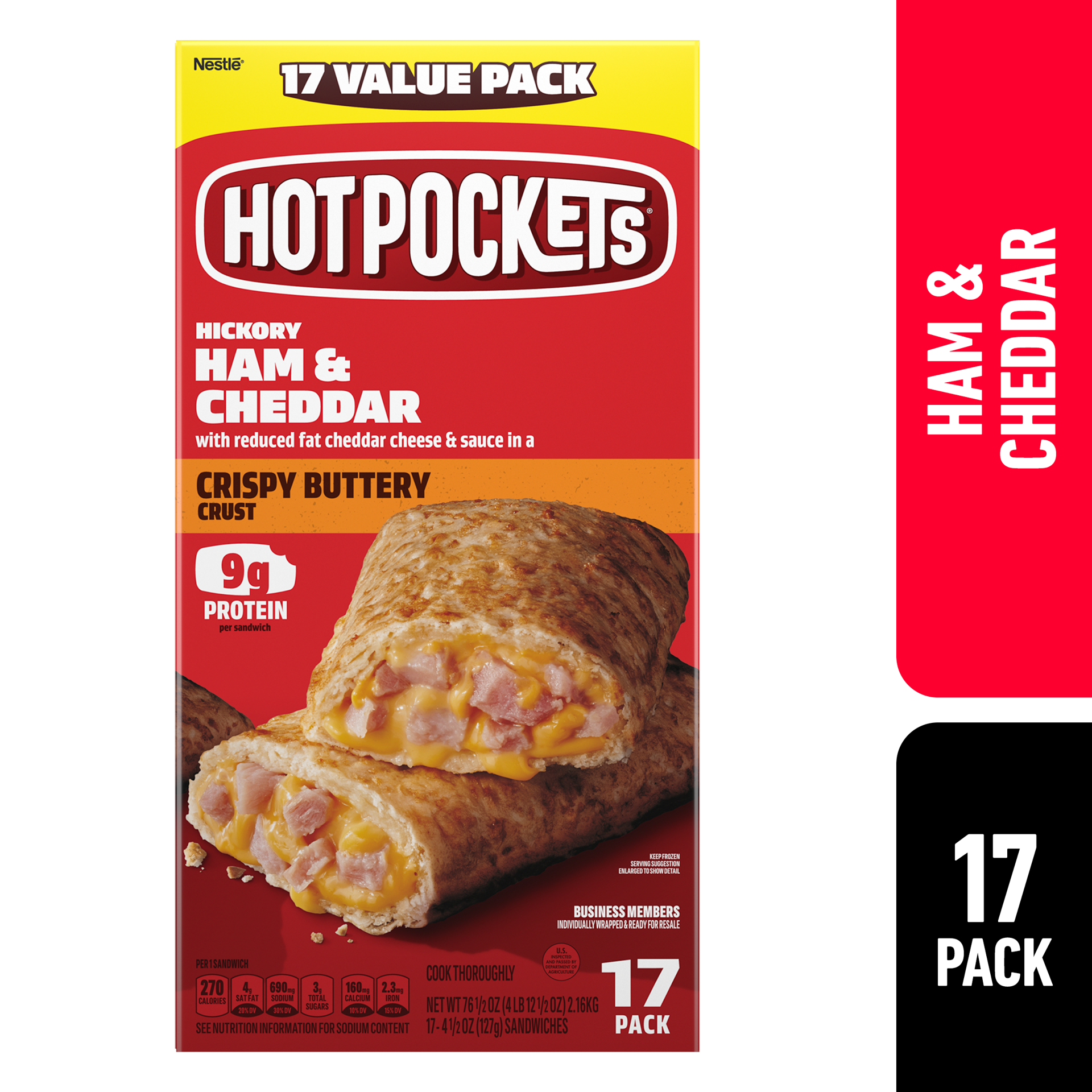 slide 1 of 14, Hot Pockets Hickory Ham and Cheddar Frozen Snacks in a Crispy Buttery Crust, Frozen Ham and Cheese Sandwiches Made with Cheddar Cheese, 17 Count Frozen Sandwiches, 76.50 oz