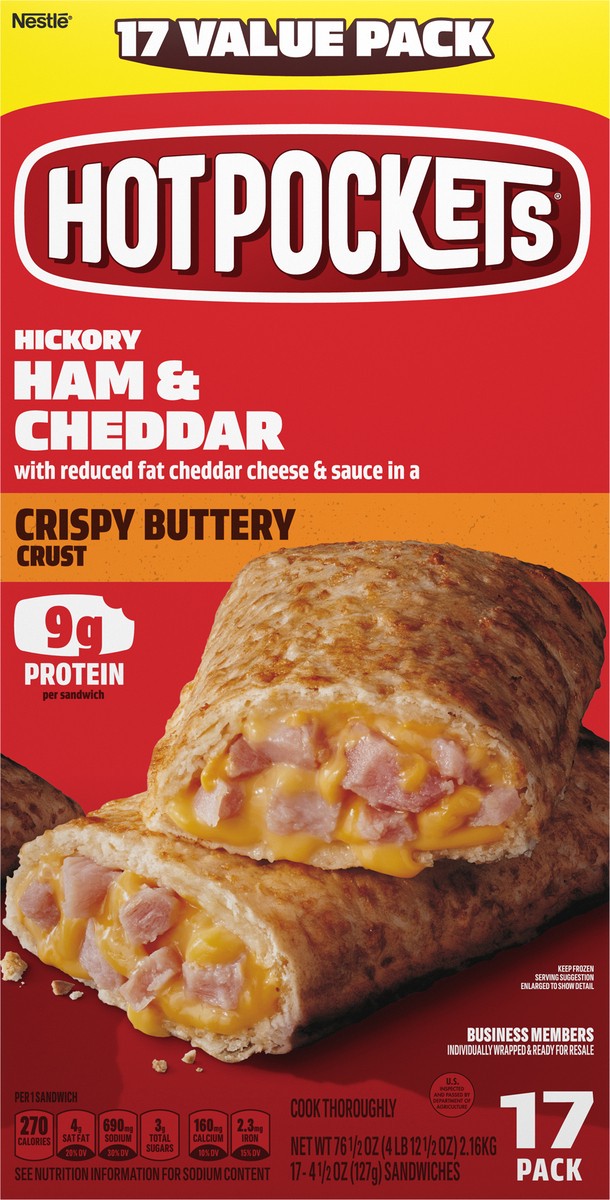 slide 3 of 14, Hot Pockets Hickory Ham and Cheddar Frozen Snacks in a Crispy Buttery Crust, Frozen Ham and Cheese Sandwiches Made with Cheddar Cheese, 17 Count Frozen Sandwiches, 76.50 oz