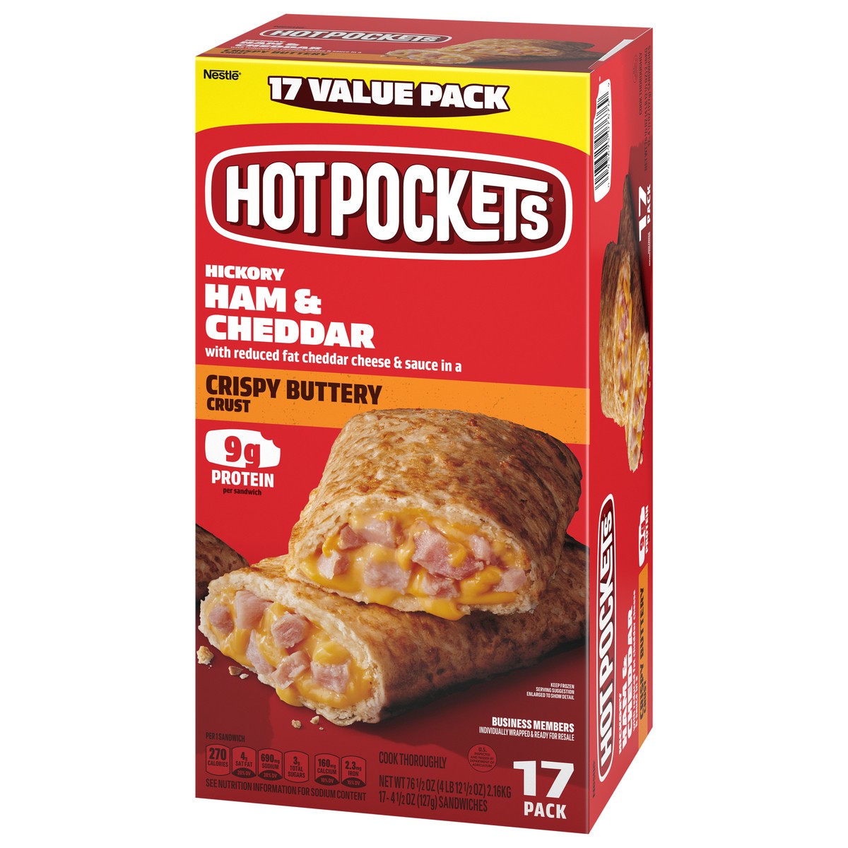 slide 13 of 14, Hot Pockets Hickory Ham and Cheddar Frozen Snacks in a Crispy Buttery Crust, Frozen Ham and Cheese Sandwiches Made with Cheddar Cheese, 17 Count Frozen Sandwiches, 76.50 oz