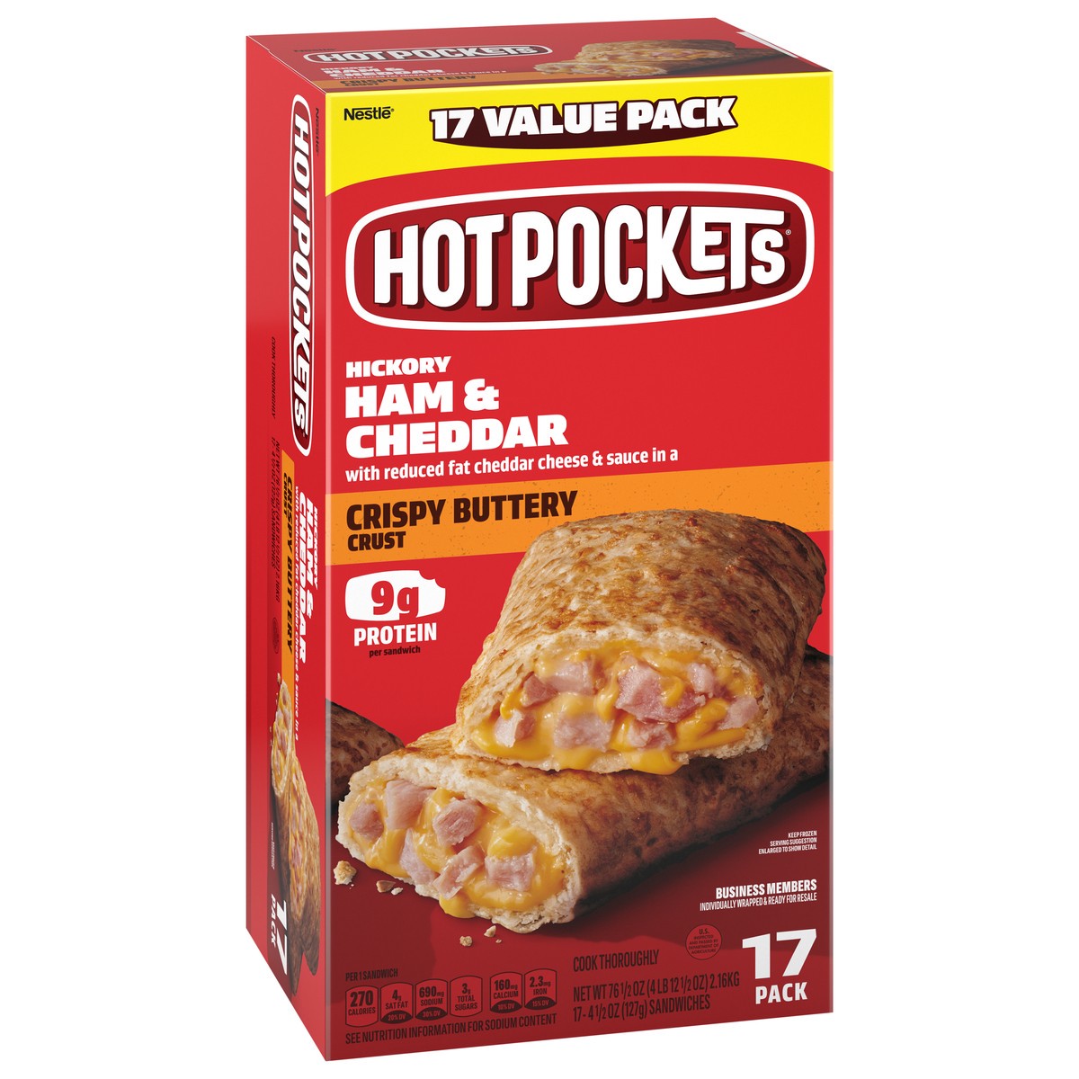 slide 2 of 14, Hot Pockets Hickory Ham and Cheddar Frozen Snacks in a Crispy Buttery Crust, Frozen Ham and Cheese Sandwiches Made with Cheddar Cheese, 17 Count Frozen Sandwiches, 76.50 oz