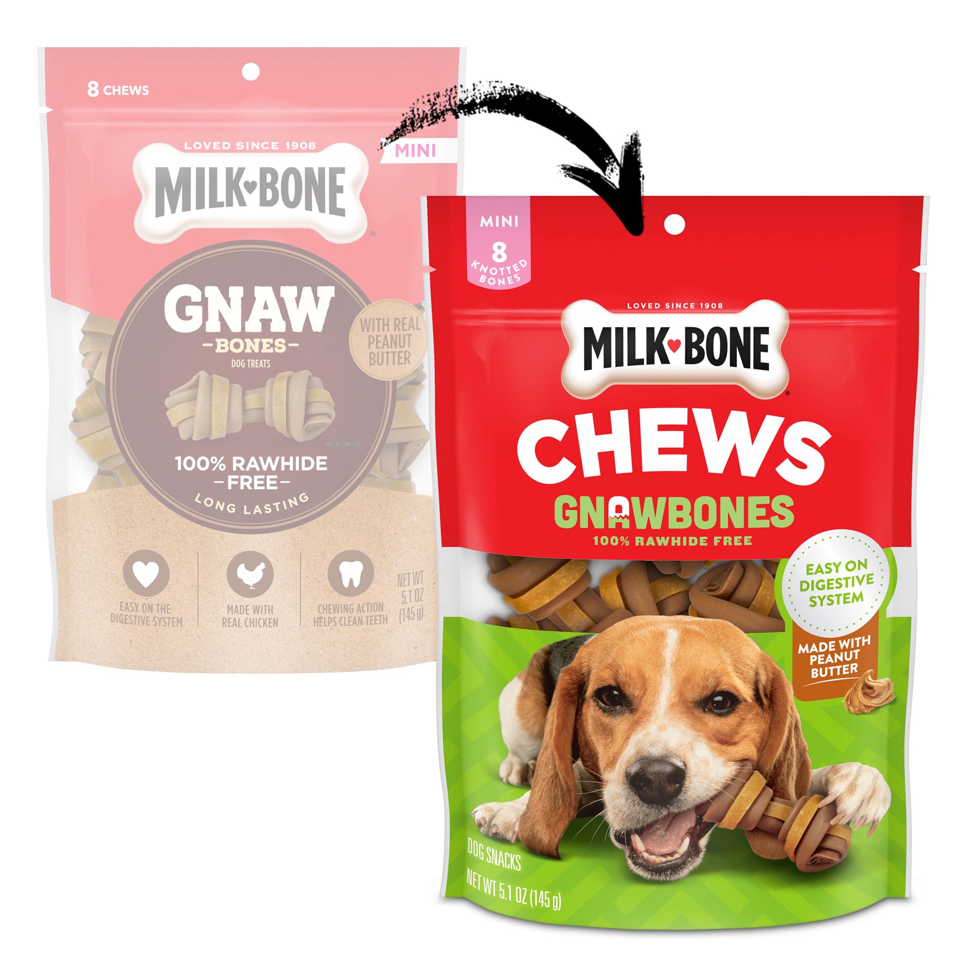 slide 5 of 10, Milk-Bone GnawBones Long Lasting Dog Treats with Real Peanut Butter and Chicken, Mini Size, 5.1-Ounce, 8 ct