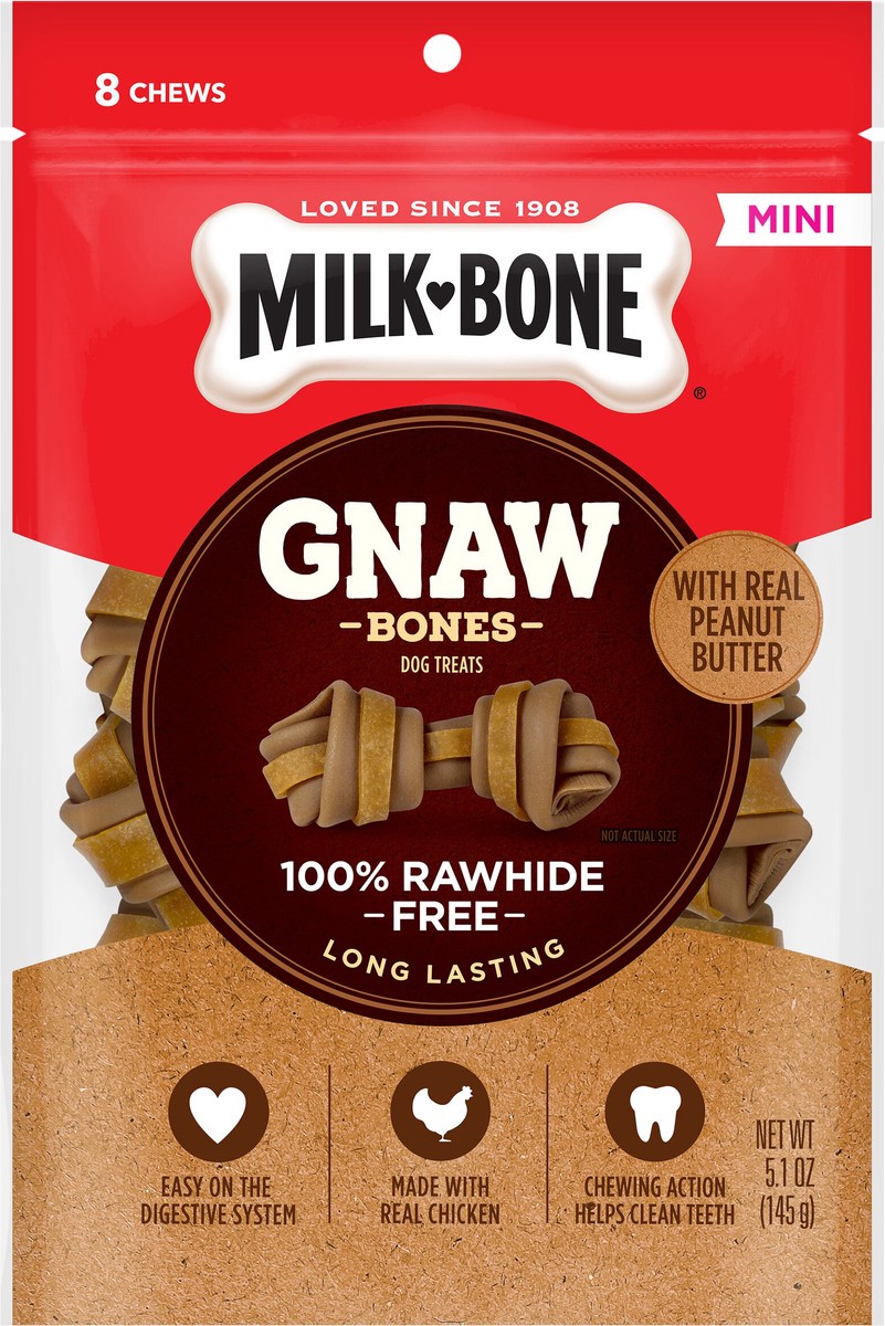 slide 1 of 10, Milk-Bone GnawBones Long Lasting Dog Treats with Real Peanut Butter and Chicken, Mini Size, 5.1-Ounce, 8 ct