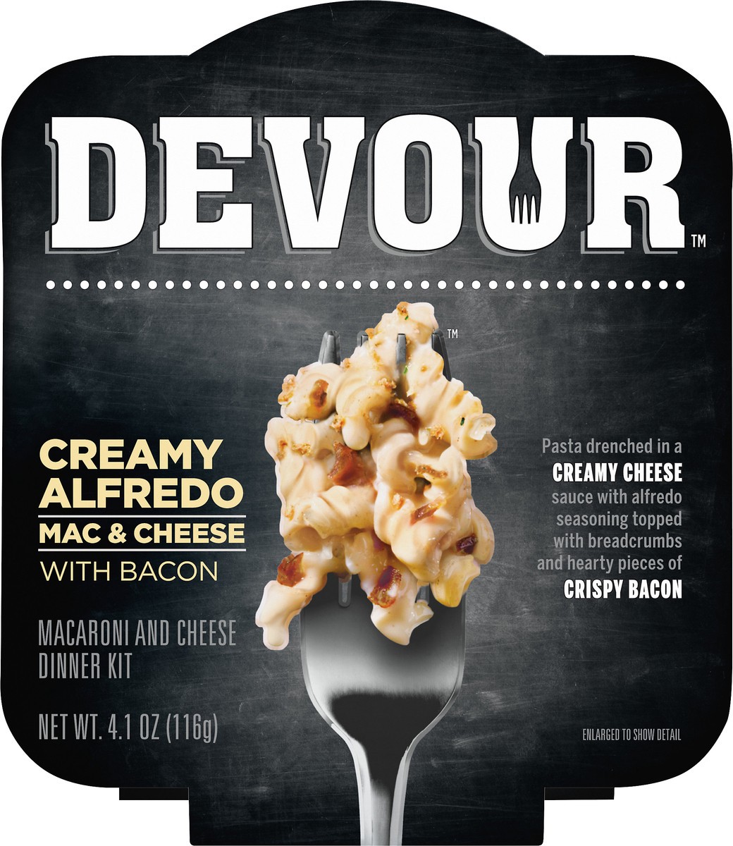 slide 6 of 9, DEVOUR Creamy Alfredo Mac & Cheese Bowl with Bacon Dinner Kit, 4.1 oz Tray, 4.1 oz