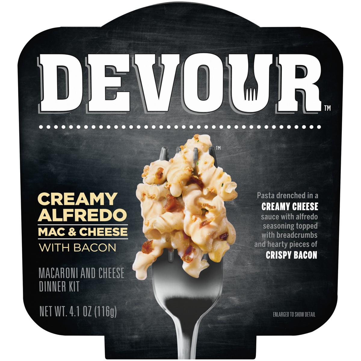 slide 1 of 9, DEVOUR Creamy Alfredo Mac & Cheese Bowl with Bacon Dinner Kit, 4.1 oz Tray, 4.1 oz