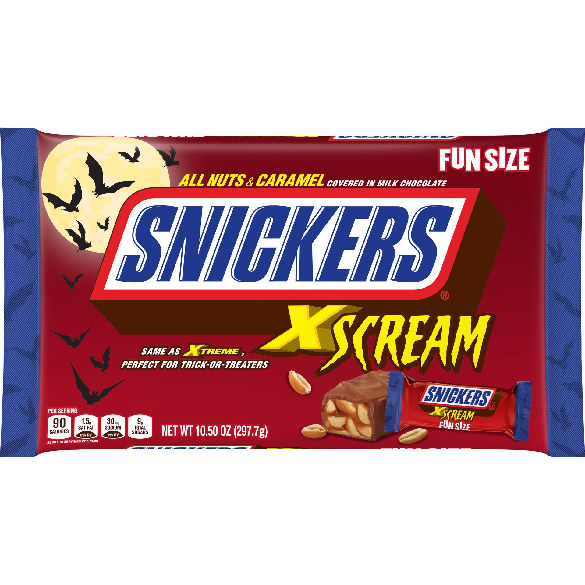 slide 1 of 9, SNICKERS XScream Fun Size Chocolate Halloween Trick or Treat Candy, 10.5oz, 10.5 oz