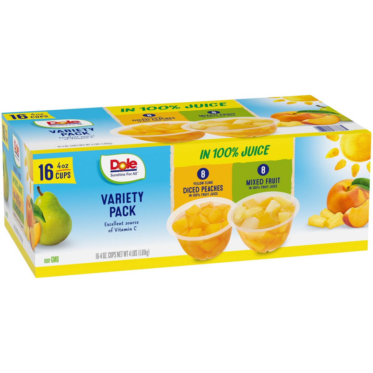 slide 2 of 9, DOLE Fruit Bowls Yellow Cling Diced Peaches & Mixed Fruit in 100% Fruit Juice Fruit Bowls Variety Pack 16-4 oz. Cups, 4 lb