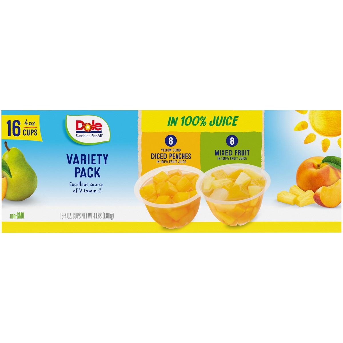 slide 5 of 9, DOLE Fruit Bowls Yellow Cling Diced Peaches & Mixed Fruit in 100% Fruit Juice Fruit Bowls Variety Pack 16-4 oz. Cups, 4 lb