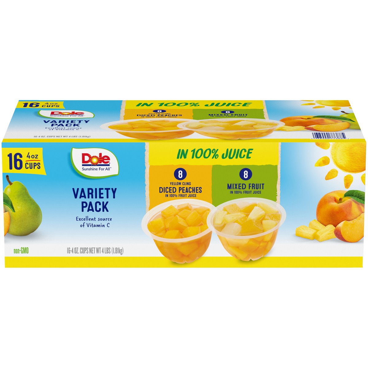 slide 1 of 9, DOLE Fruit Bowls Yellow Cling Diced Peaches & Mixed Fruit in 100% Fruit Juice Fruit Bowls Variety Pack 16-4 oz. Cups, 4 lb