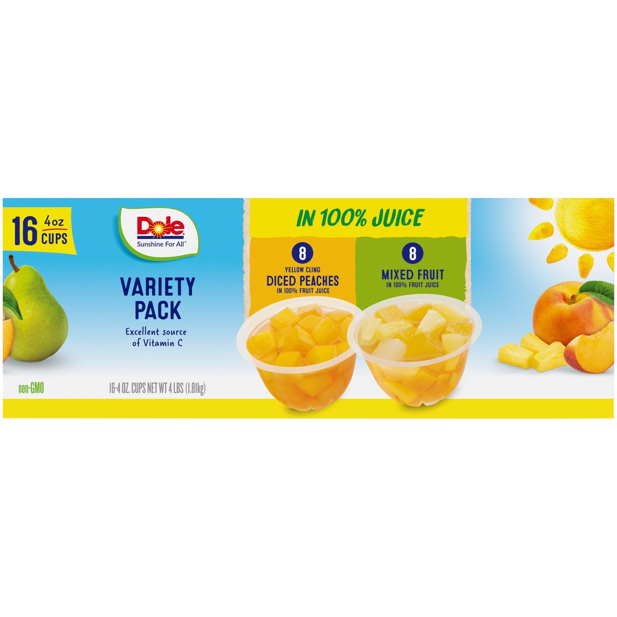 slide 6 of 9, DOLE Fruit Bowls Yellow Cling Diced Peaches & Mixed Fruit in 100% Fruit Juice Fruit Bowls Variety Pack 16-4 oz. Cups, 4 lb