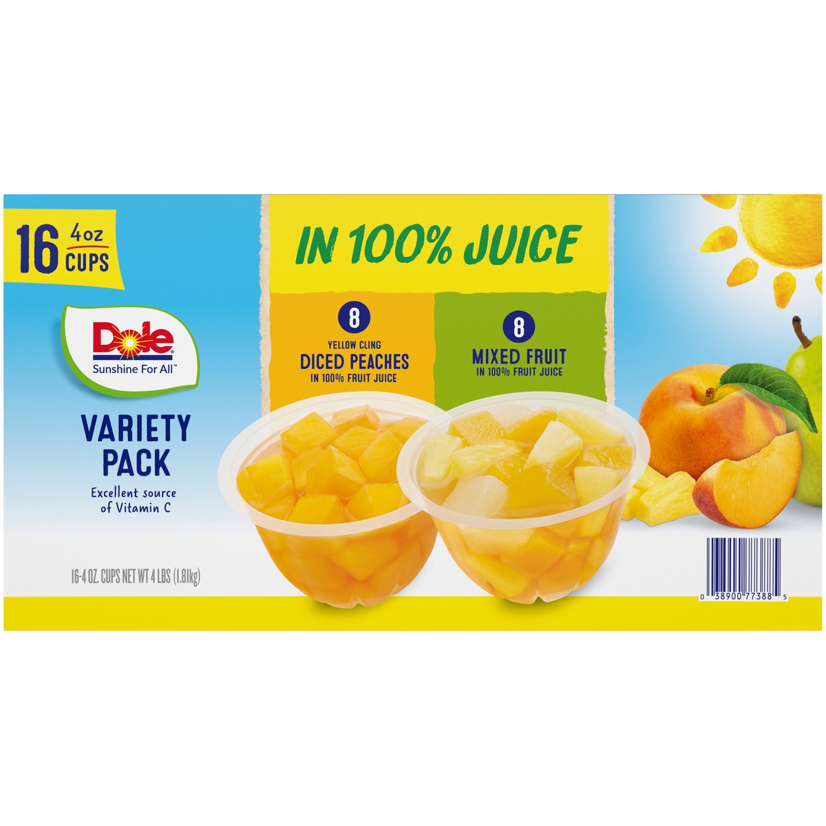 slide 9 of 9, DOLE Fruit Bowls Yellow Cling Diced Peaches & Mixed Fruit in 100% Fruit Juice Fruit Bowls Variety Pack 16-4 oz. Cups, 4 lb