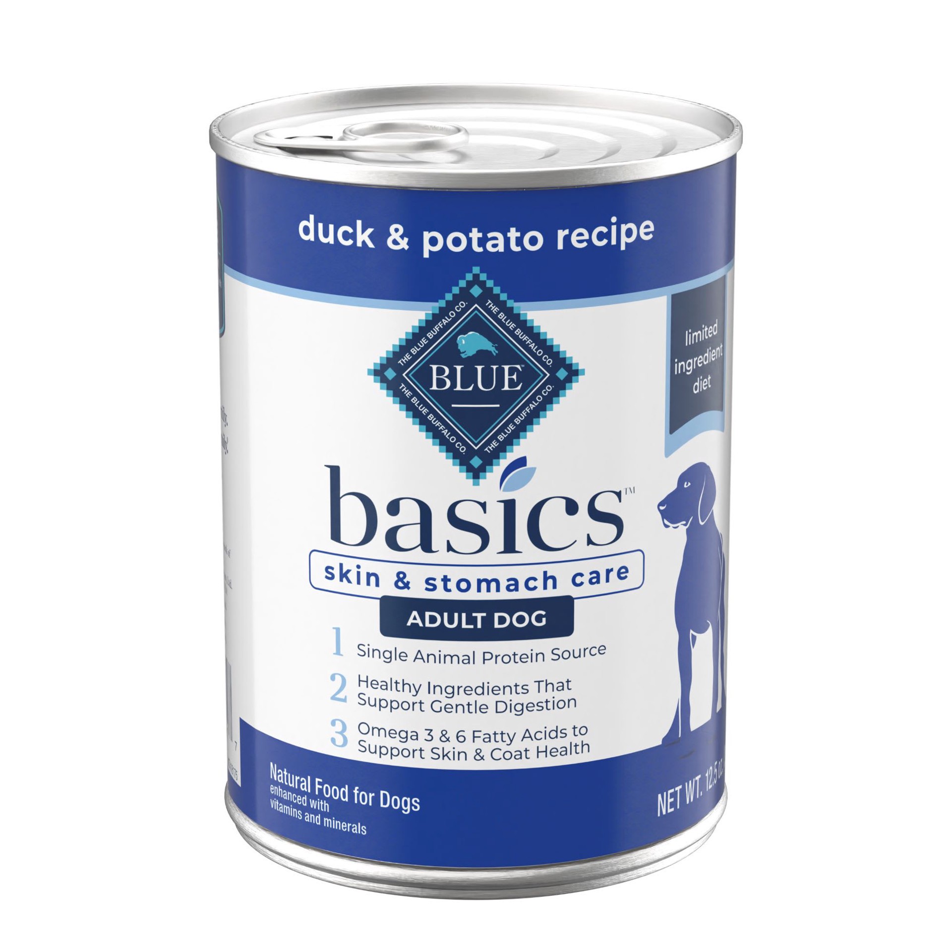 slide 1 of 9, Blue Buffalo Basics Skin & Stomach Care, Grain Free Natural Adult Wet Dog Food, Duck 12.5-oz Can, 12.5 oz