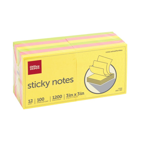slide 1 of 3, Office Depot Brand Sticky Notes, 3'' X 3'', Assorted Bright Colors, 100 Sheets Per Pad, Pack Of 12, 12 ct