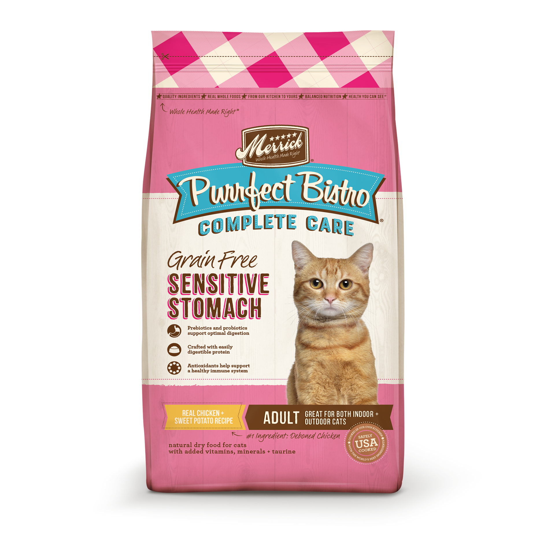 slide 1 of 9, Merrick Purrfect Bistro Grain Free Cat Food, Complete Care Sensitive Stomach Dry Cat Food Recipe - 12 lb Bag, 12 lb