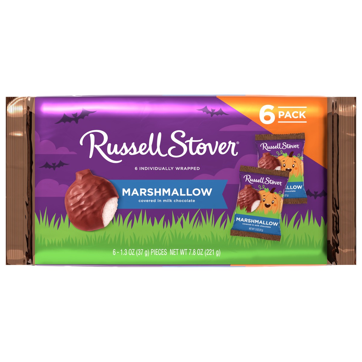 slide 1 of 3, RUSSELL STOVER Halloween Milk Chocolate Marshmallow Candy Pumpkin 6 Pack, 7.8 oz., 6 ct