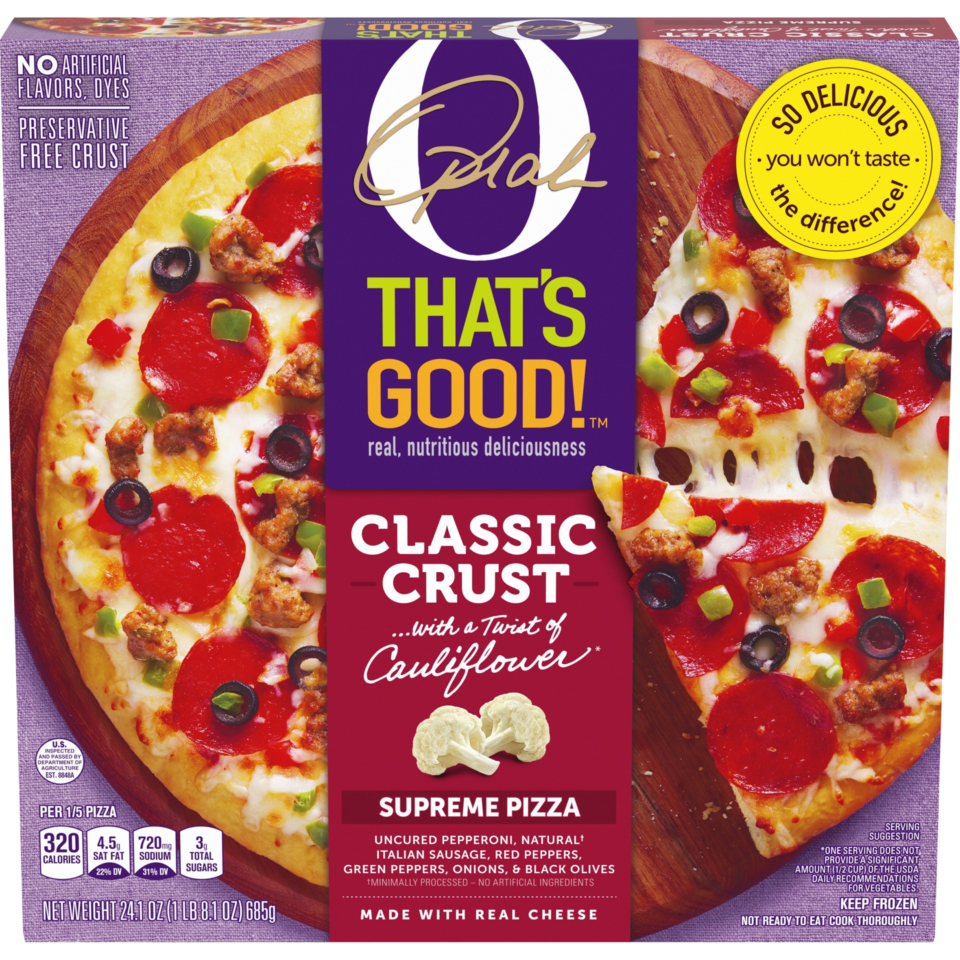 slide 1 of 10, O, That's Good! O That’s Good! Classic Crust Supreme Pizza, 24.1 oz