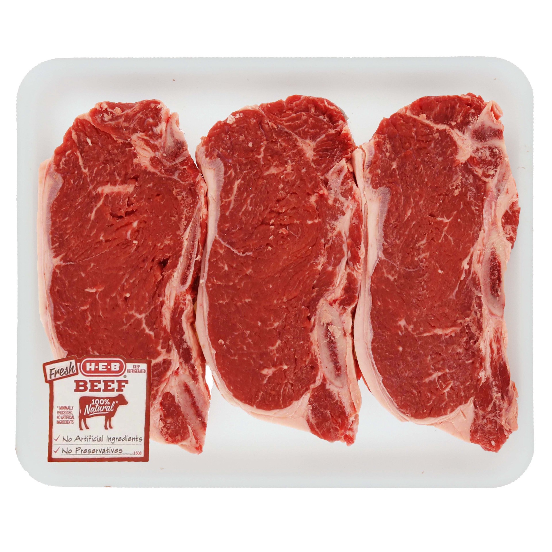 slide 1 of 1, H-E-B Beef New York Strip Steak Bone-In Value Pack, USDA Select, per lb