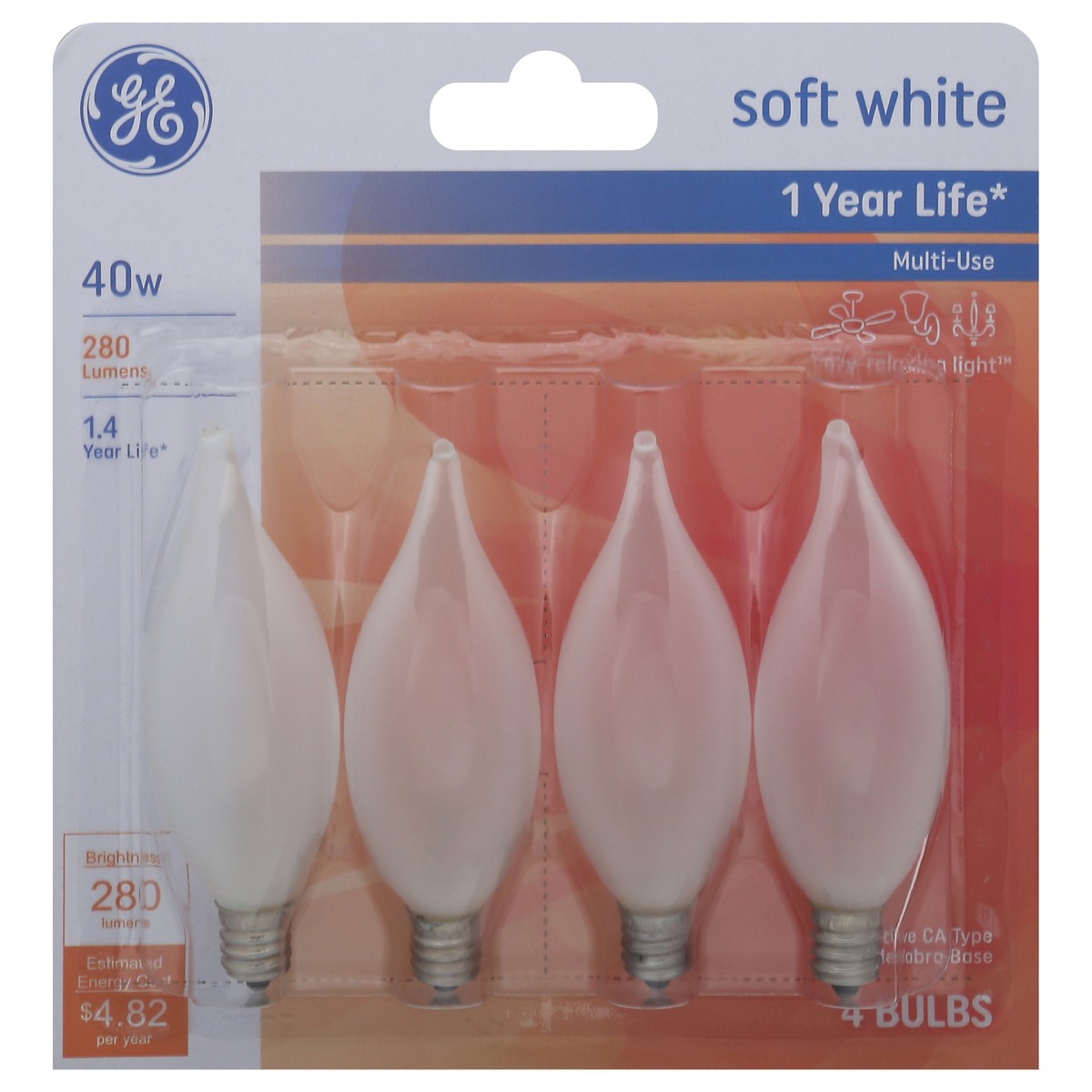 slide 1 of 7, GE 40 Watt Bent Tip, Candelabra Base, Multi Use, Decorative, Frost Bulb, 4 ct