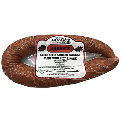 slide 1 of 1, Janak's Smoked Beef and Pork Sausage, per lb