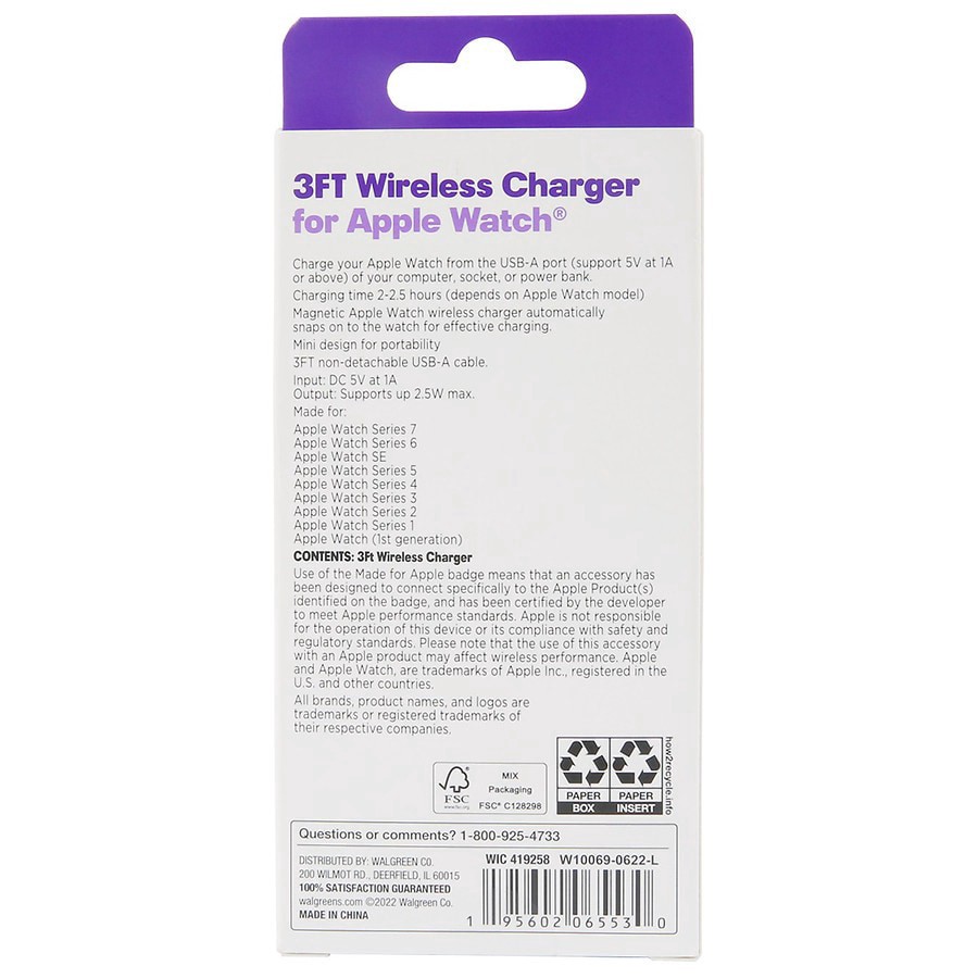 slide 2 of 3, Infinitive 3Ft Wireless Charger for Apple Watch with USB-A Plug, 1 ct