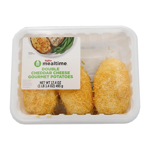 slide 1 of 1, Hy-Vee Mealtime Double Cheddar Cheese Gourmet Potatoes, 17.4 oz