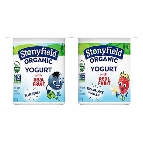 slide 1 of 1, Stonyfield Organic Kids Strawberry Vanilla & Blueberry Lowfat Yogurt Cups - 6-4 Oz, 24 oz