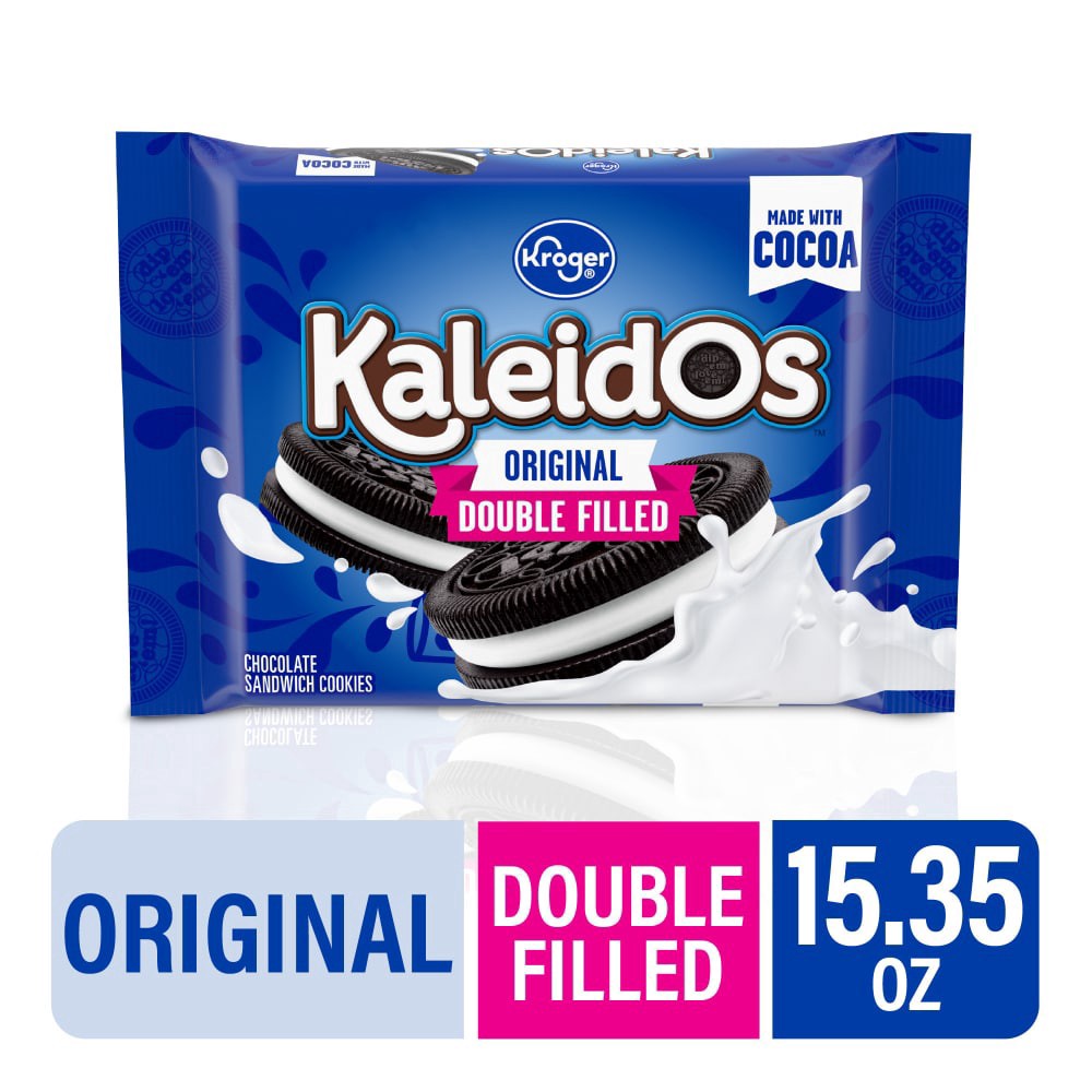 slide 1 of 4, Kroger Kaleidos Original Double Filled Chocolate Sandwich Cookies, 15.3 oz