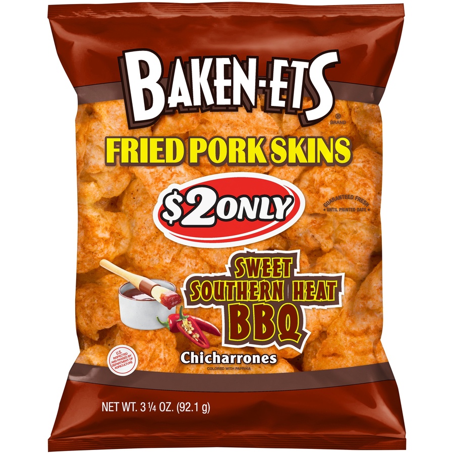 slide 1 of 3, BakenEts Sweet Southern Heat BBQ Fried Pork Skins, 3.25 oz