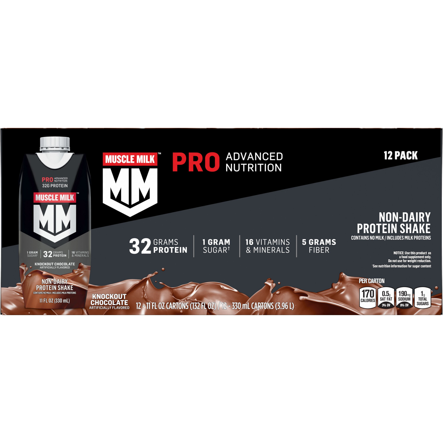 slide 1 of 2, Muscle Milk Protein Shake, Knockout Chocolate, 12 Pack, 12 ct