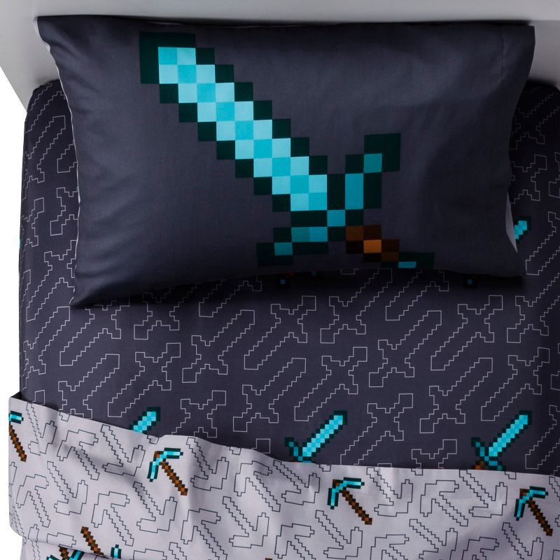 slide 1 of 4, Minecraft 3pc Twin Kids' Sheet Set Gray, 3 ct