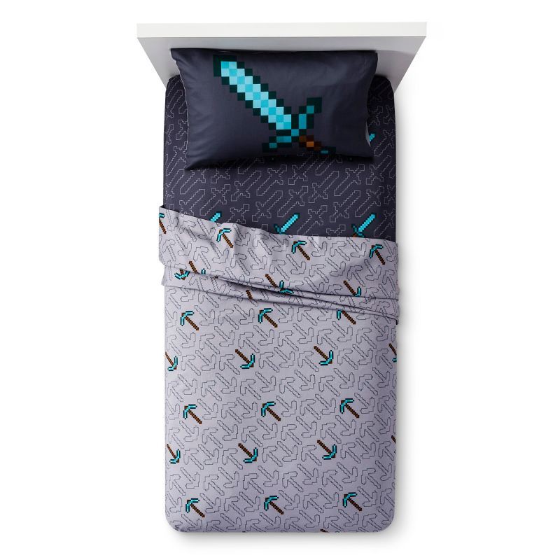 slide 2 of 3, Minecraft 4pc Full Kids' Sheet Set Gray, 4 ct